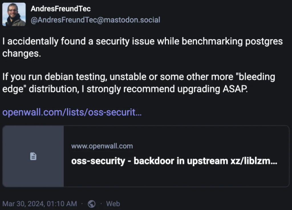 liblzma/xz库被植入后门 (CVE-2024-3094) 影响SSH事件